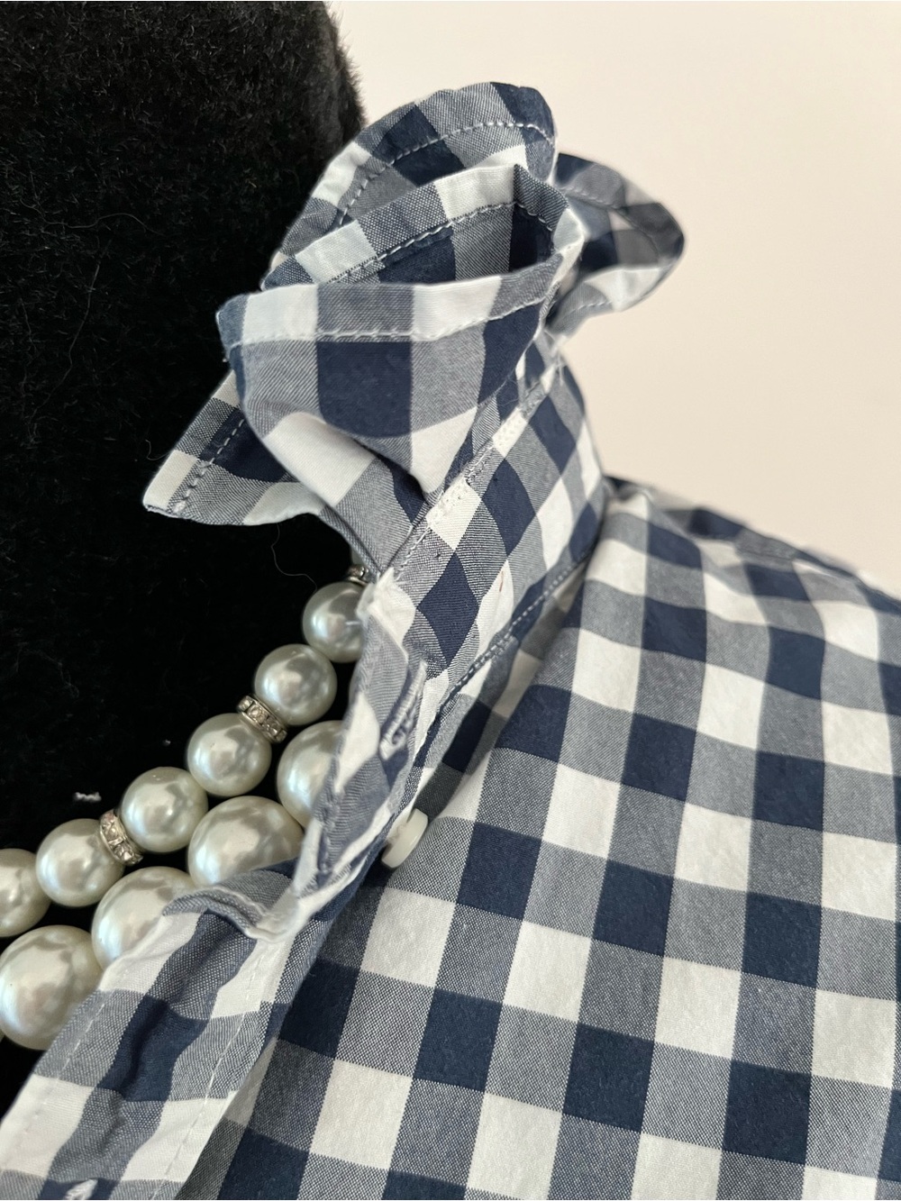 Enhanced J. Crew Navy and White Gingham Button-Down Shirt Ruffle Collar - Picture 3 of 8